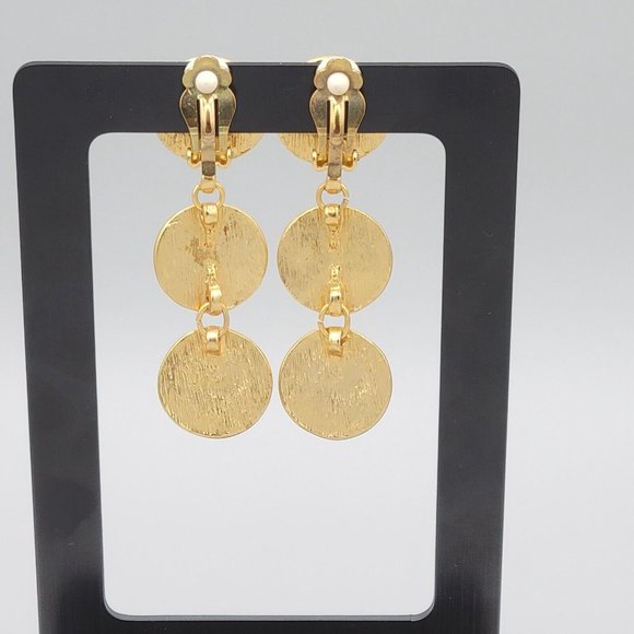 Womens Gold Tone Shiny Three Coin Fashion Dangle Clip On Earrings 2 1/2 in - Picture 5 of 6